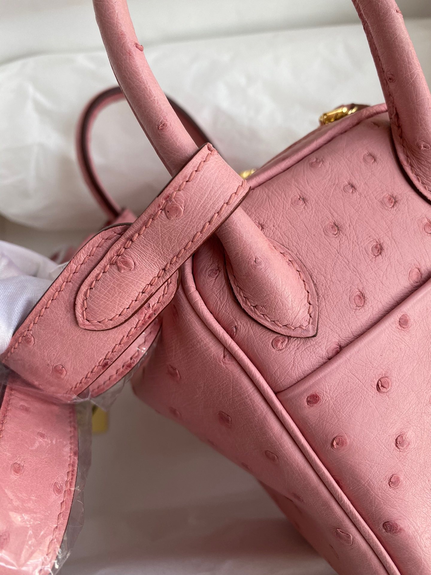H**mes mini lindy handmade bag in rose sakura ostrich leather