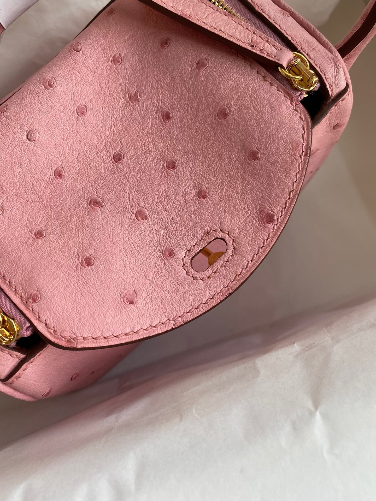 H**mes mini lindy handmade bag in rose sakura ostrich leather