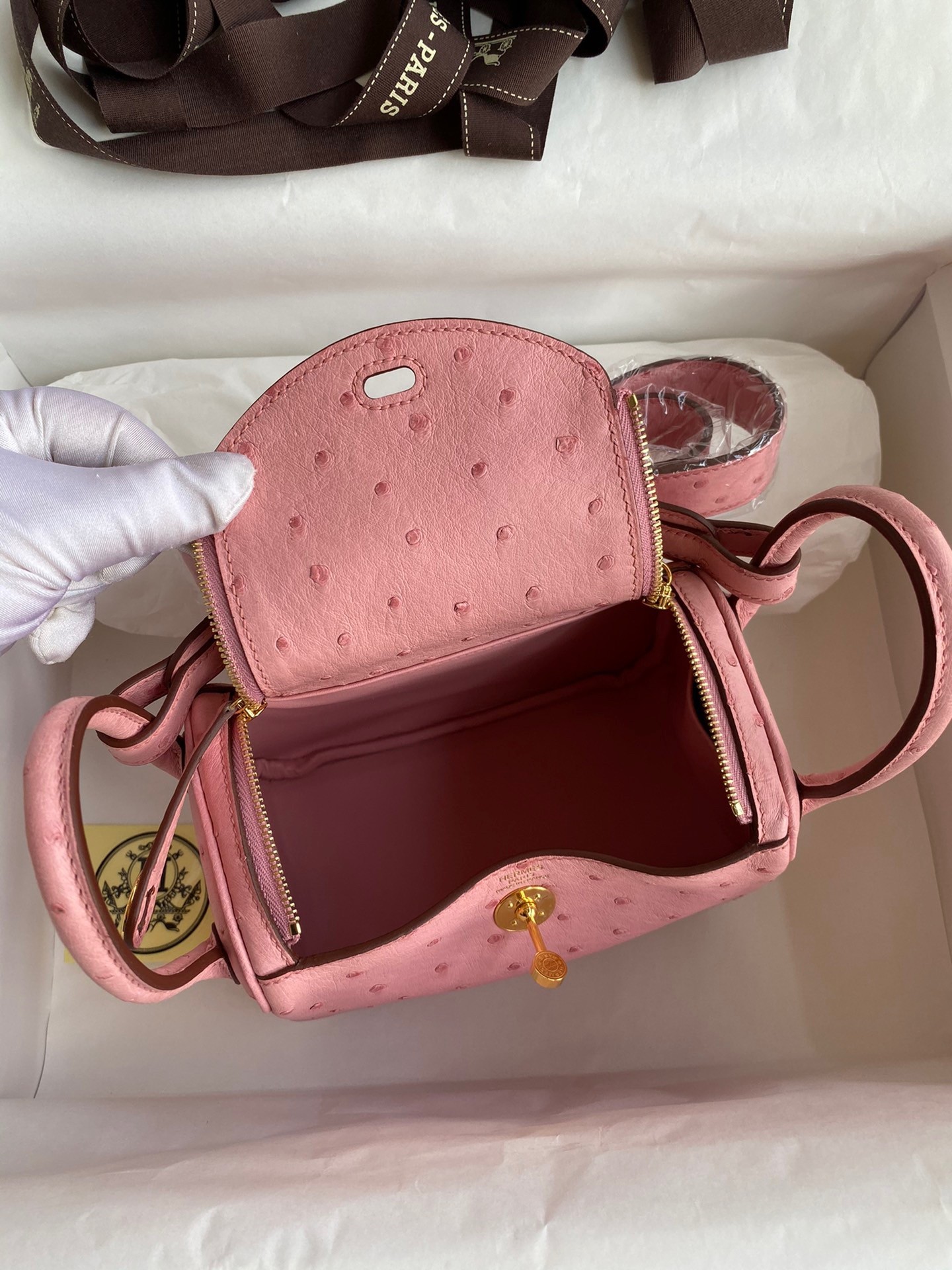 H**mes mini lindy handmade bag in rose sakura ostrich leather