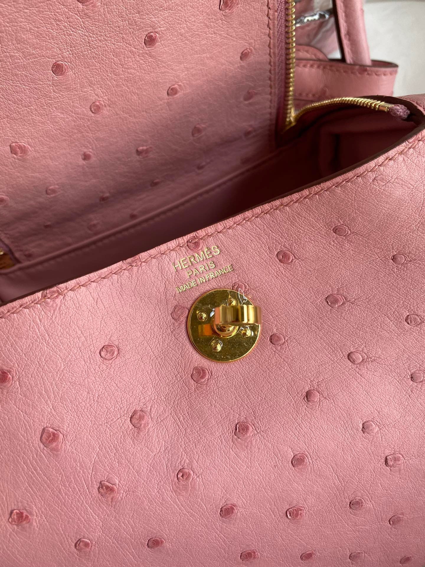 H**mes mini lindy handmade bag in rose sakura ostrich leather