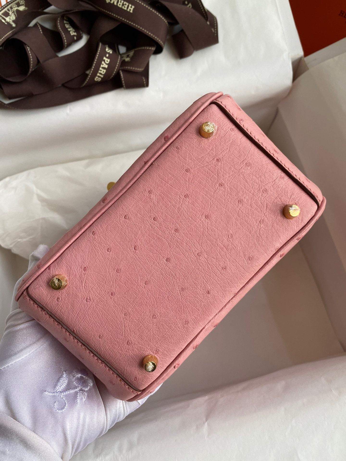 H**mes mini lindy handmade bag in rose sakura ostrich leather