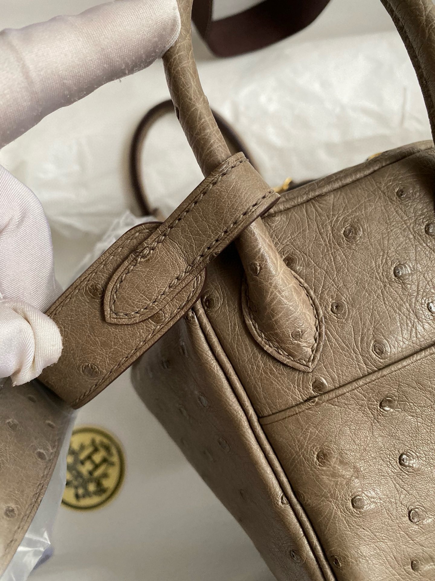 H**mes mini lindy handmade bag in taupe ostrich leather