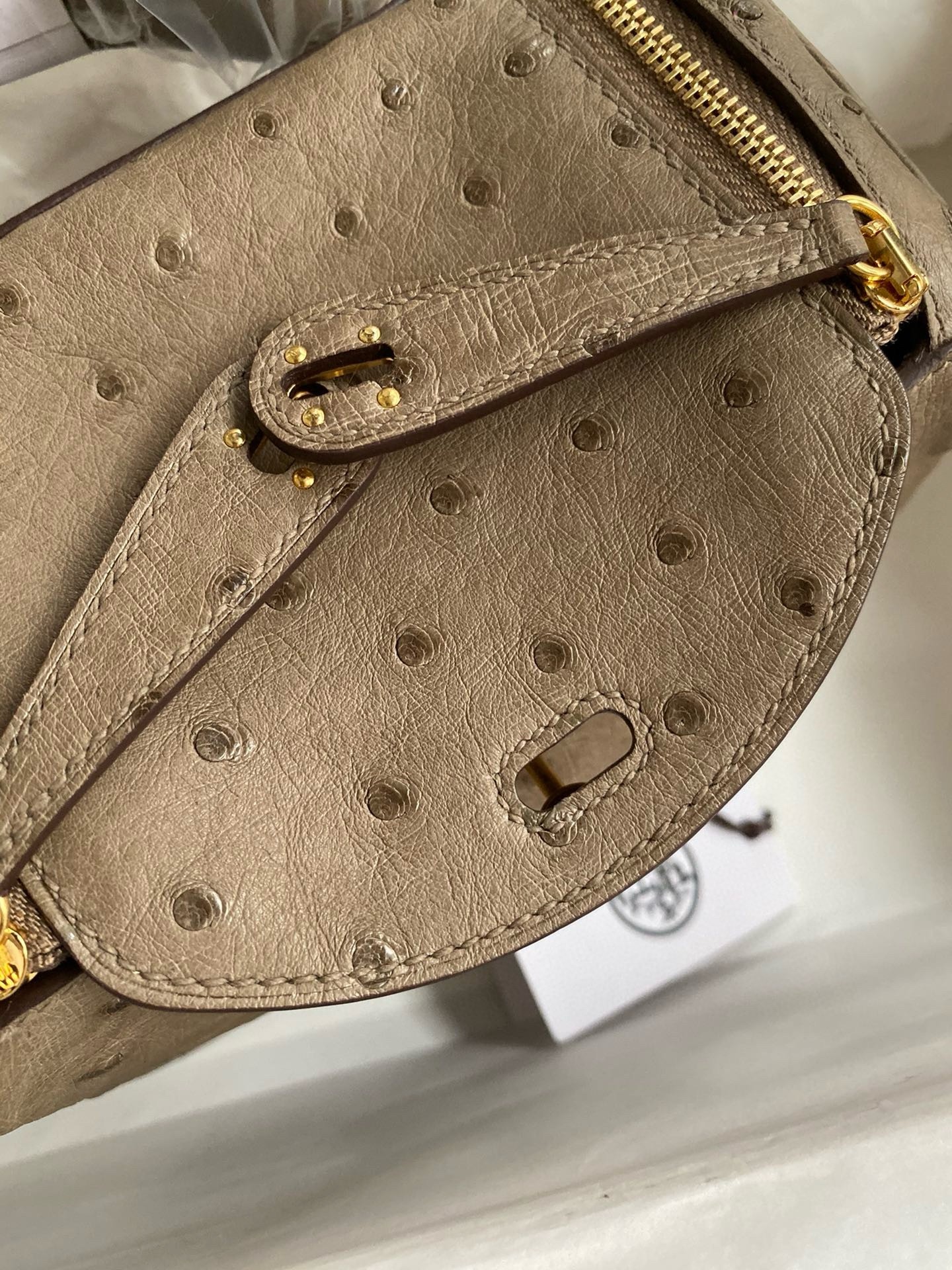 H**mes mini lindy handmade bag in taupe ostrich leather