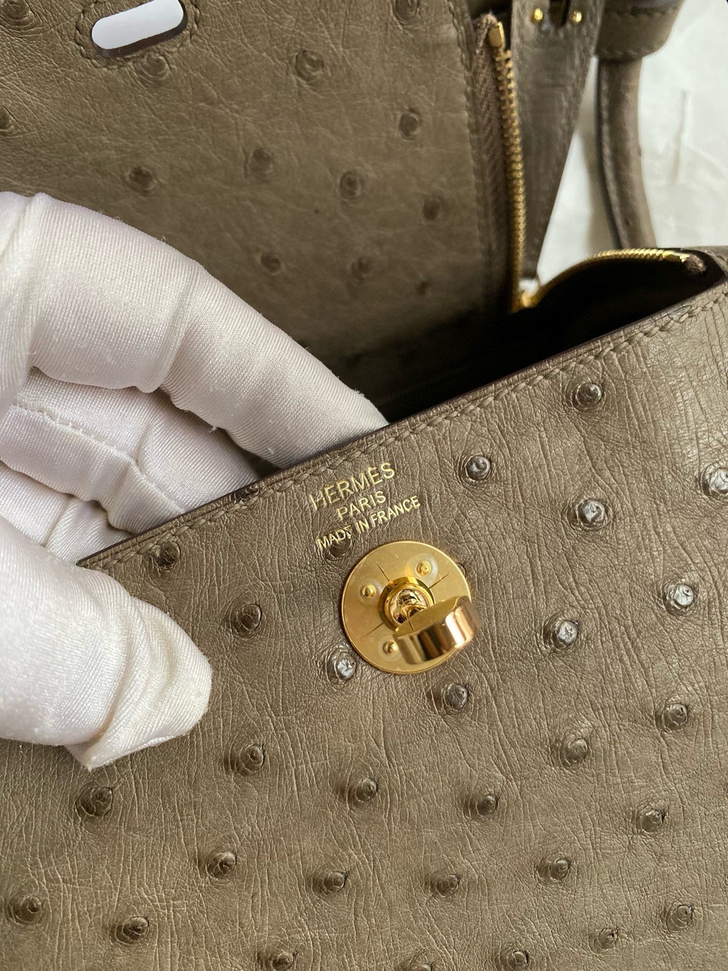 H**mes mini lindy handmade bag in taupe ostrich leather