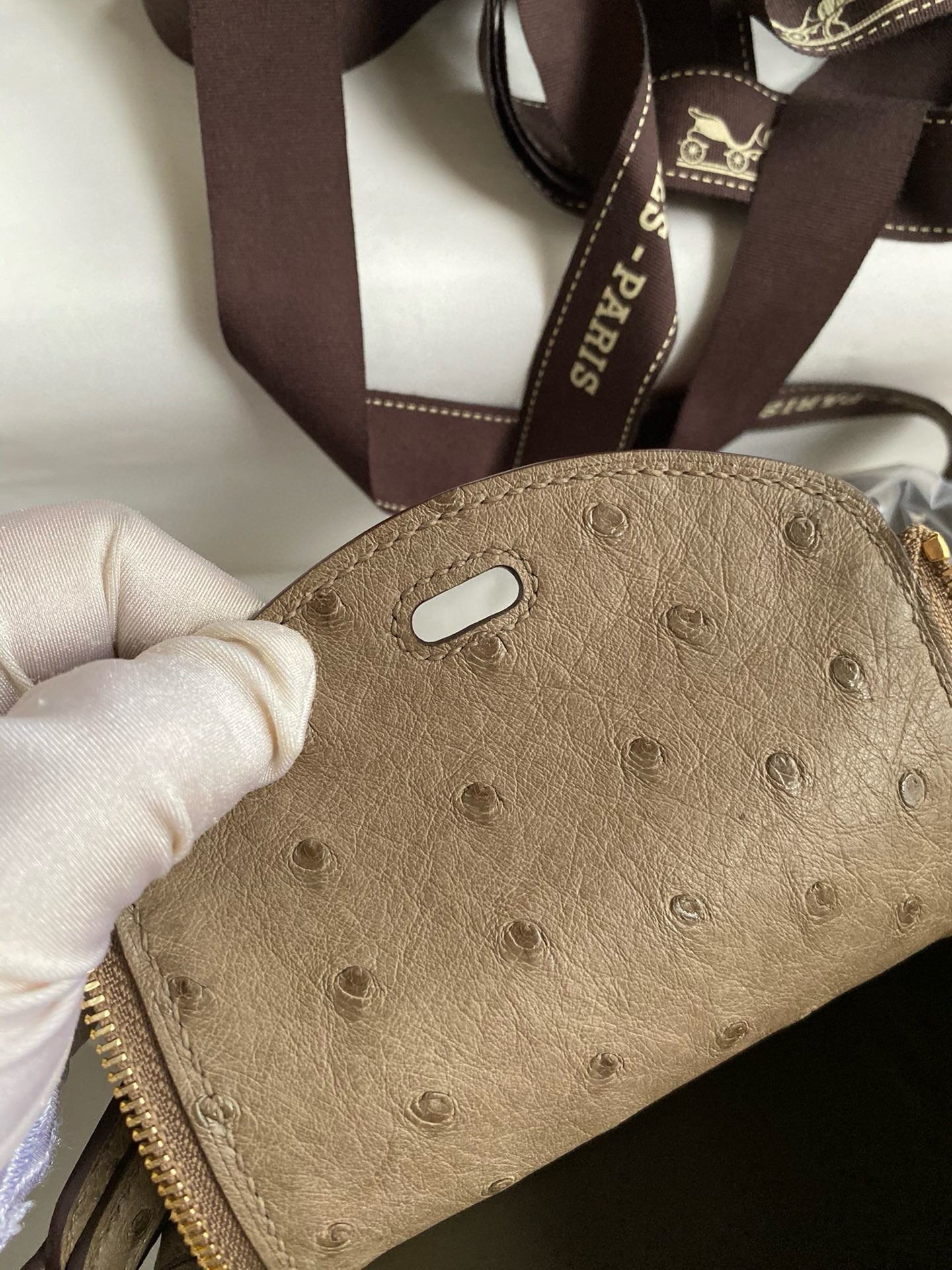 H**mes mini lindy handmade bag in taupe ostrich leather