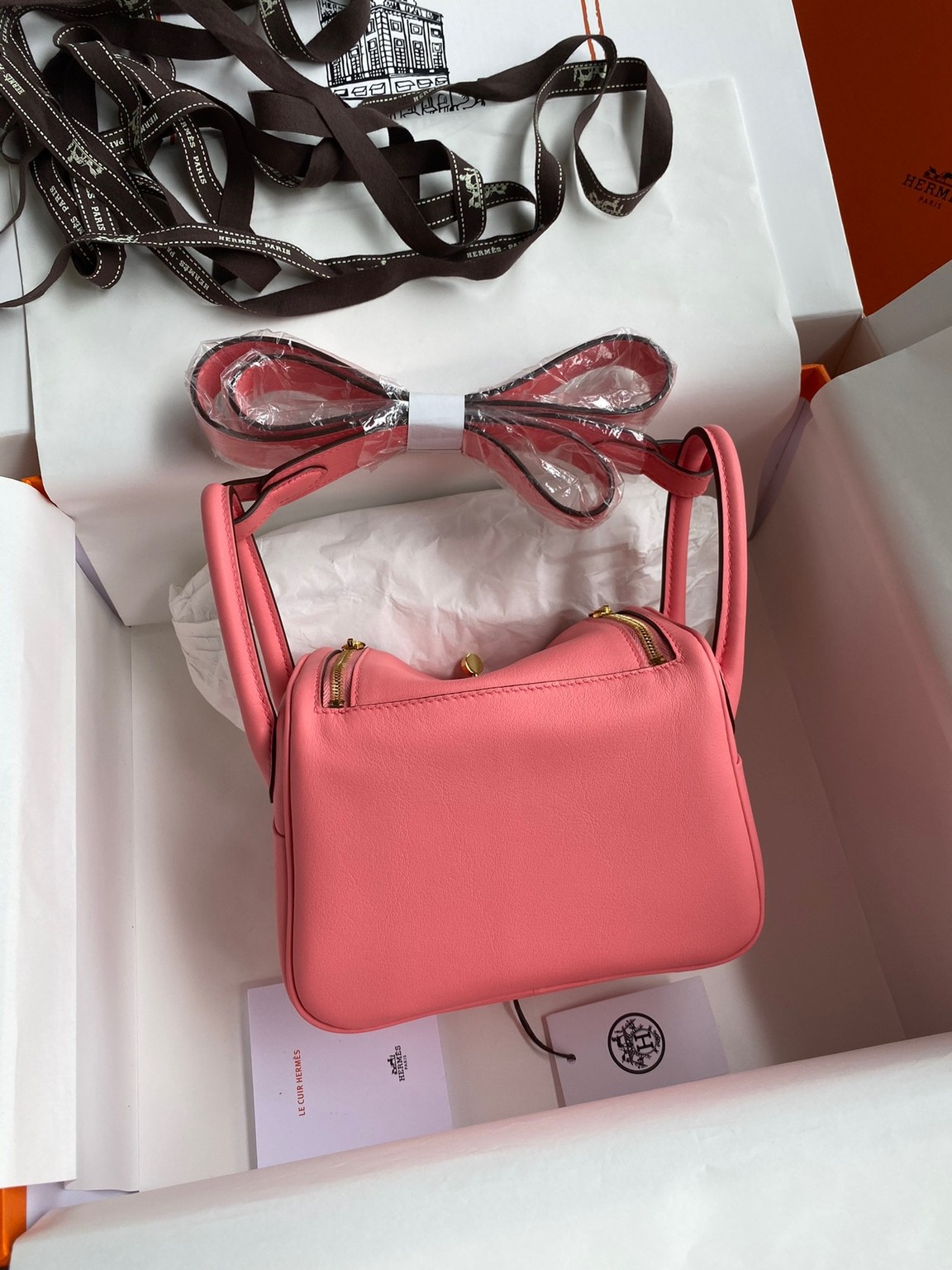 H**mes mini lindy handmade bag in rose lipstick swift leather