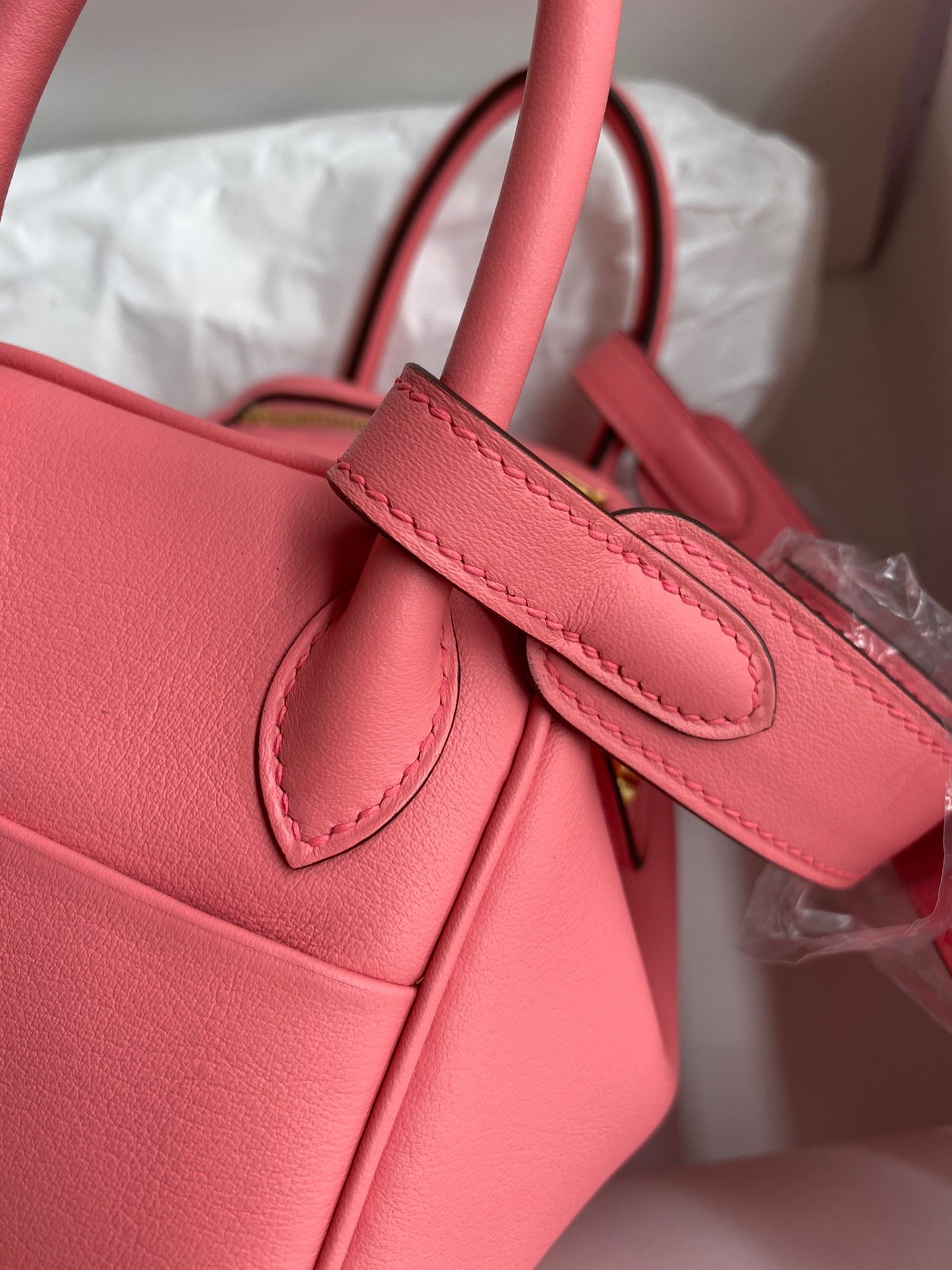 H**mes mini lindy handmade bag in rose lipstick swift leather