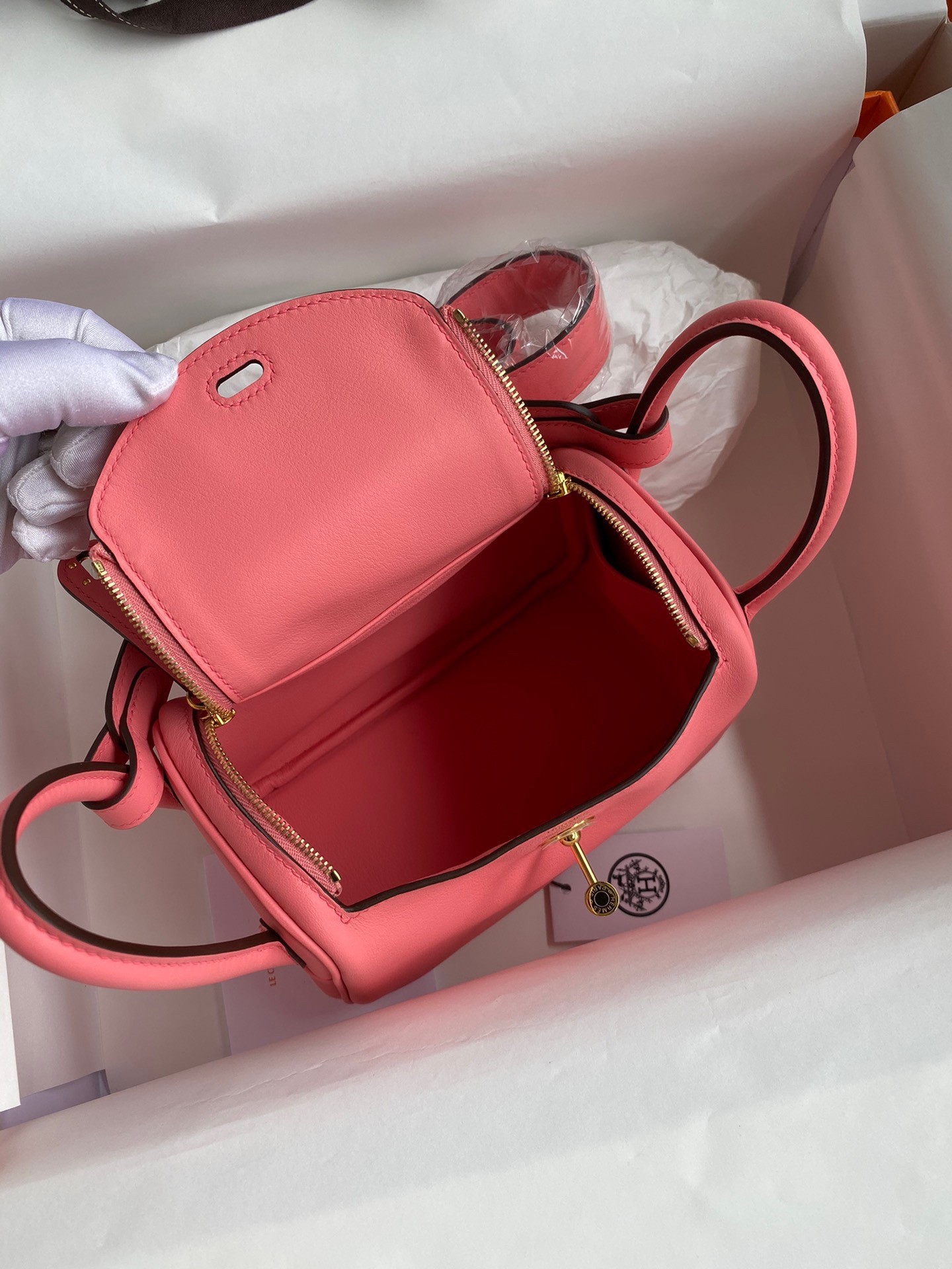 H**mes mini lindy handmade bag in rose lipstick swift leather