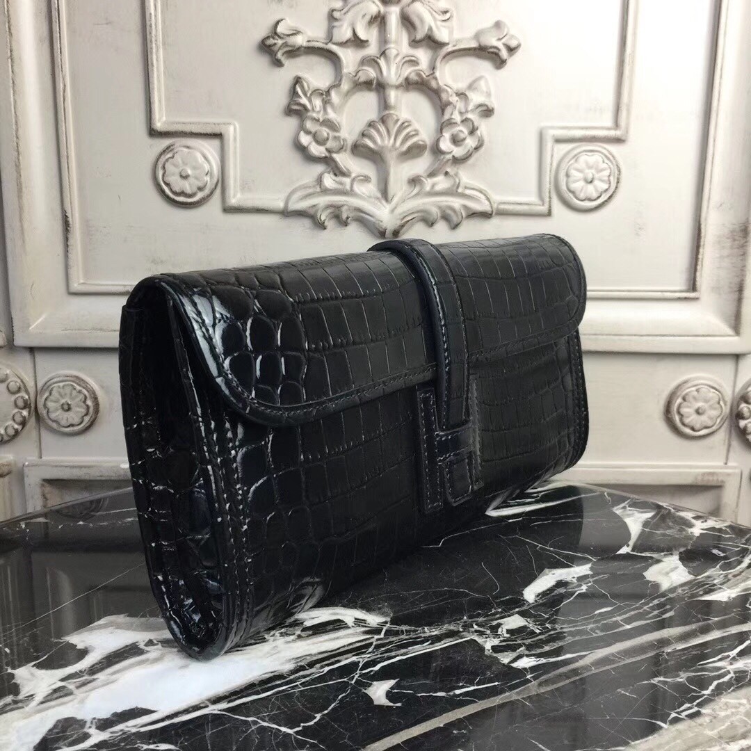 H**mes jige elan 29 clutch in black crocodile leather