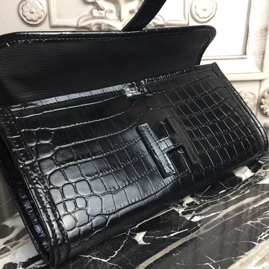 H**mes jige elan 29 clutch in black crocodile leather