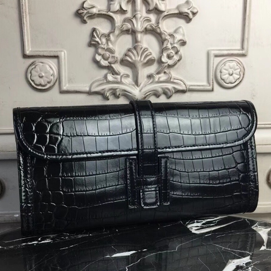 H**mes jige elan 29 clutch in black crocodile leather