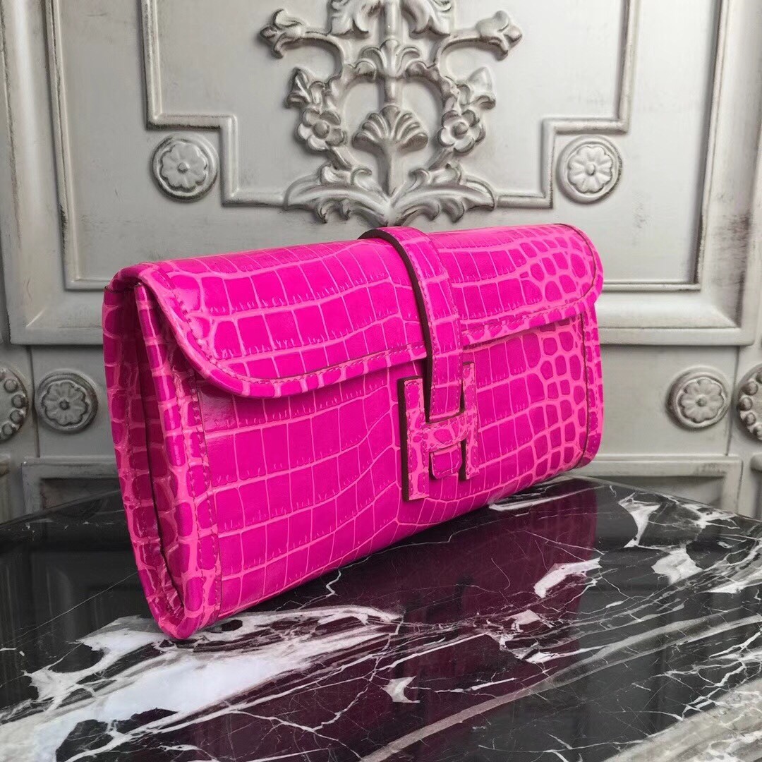 H**mes jige elan 29 clutch in rose red crocodile leather