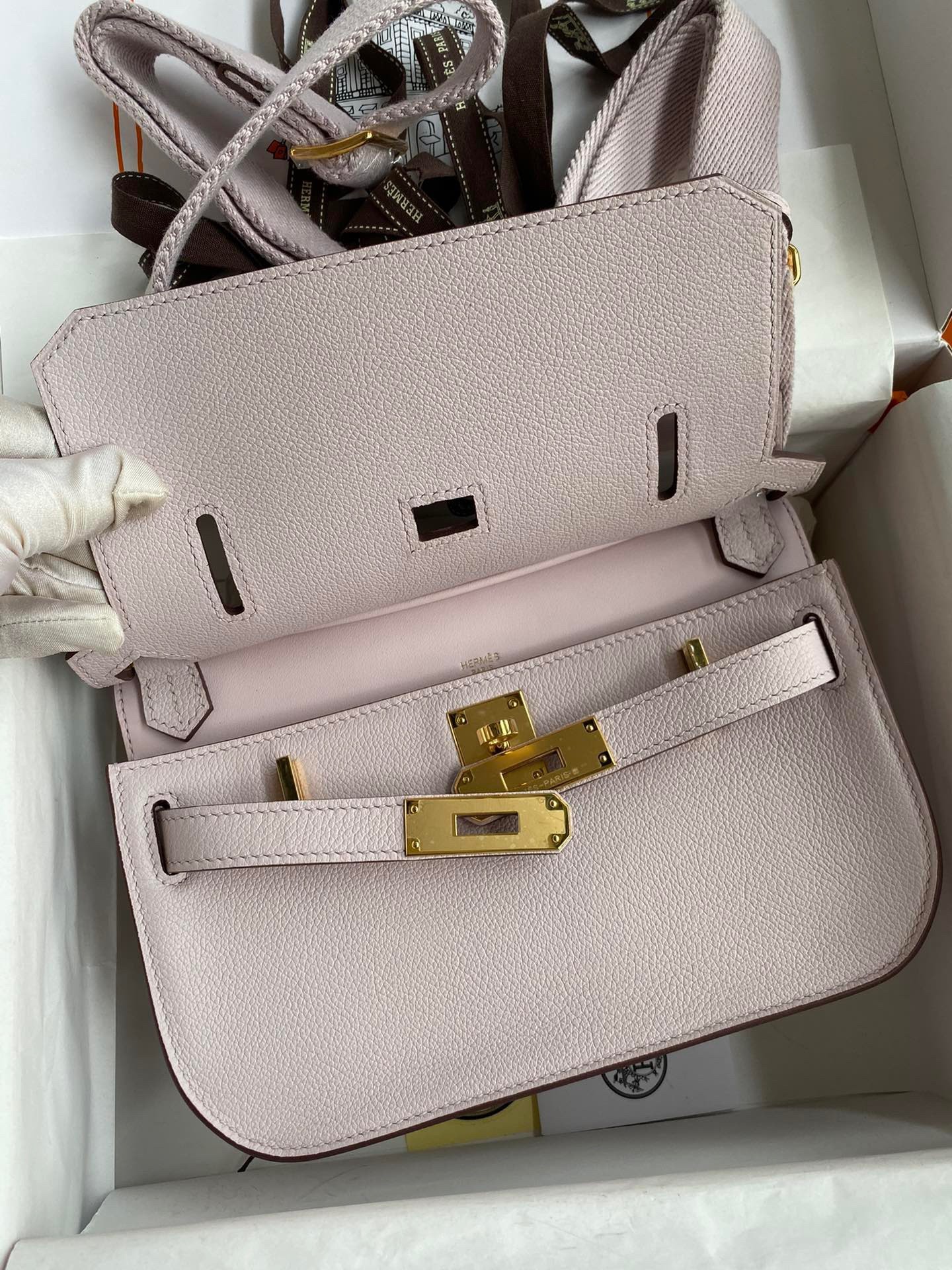 H**mes jypsiere mini handmade bag in mauve pale evercolor calfskin