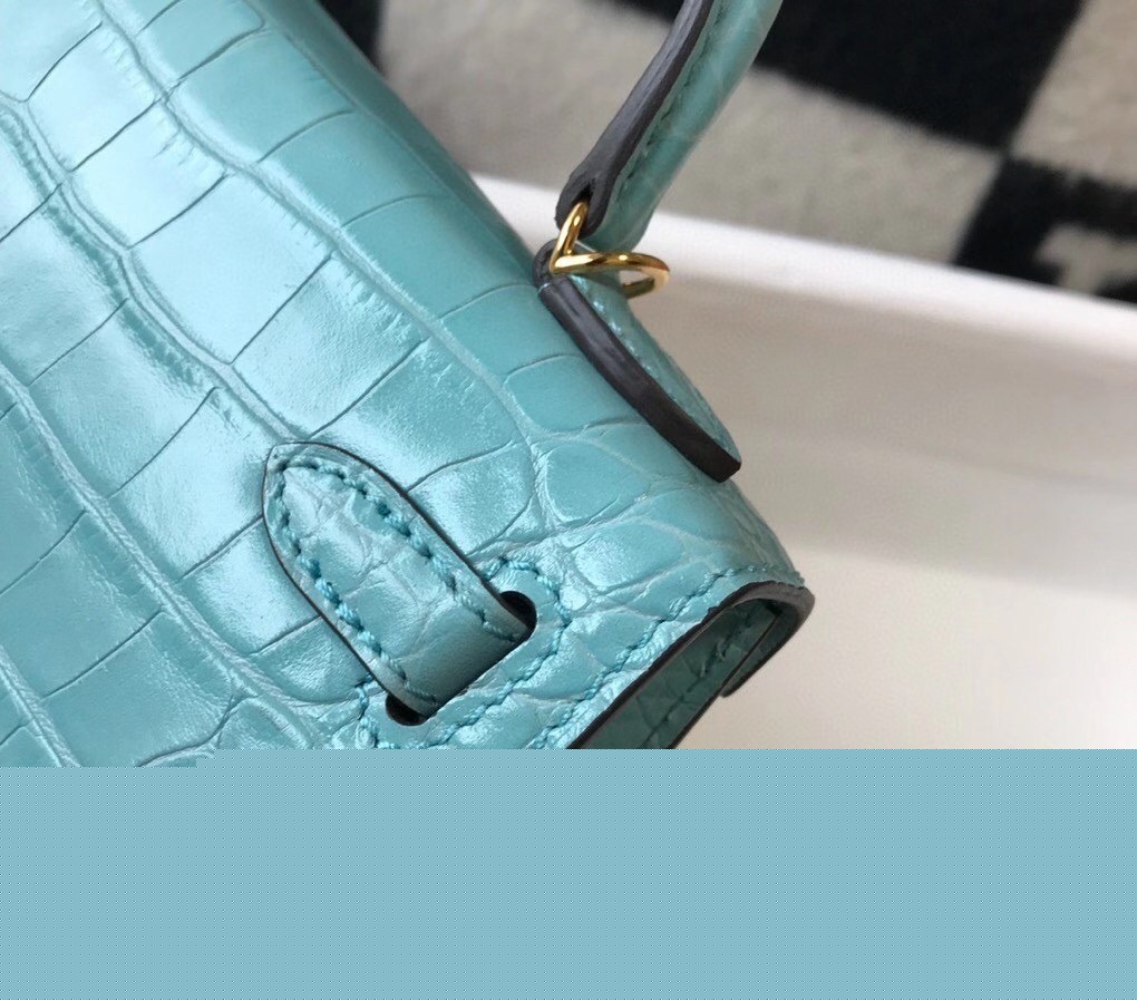 H**mes kelly mini ii bag in blue atoll embossed crocodile leather