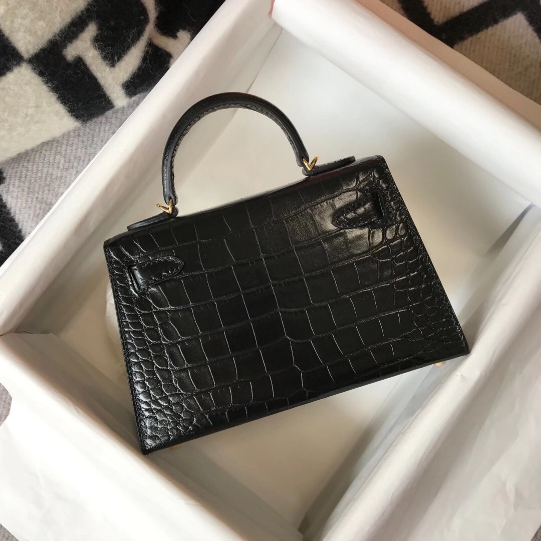 H**mes kelly mini ii bag in black embossed crocodile leather