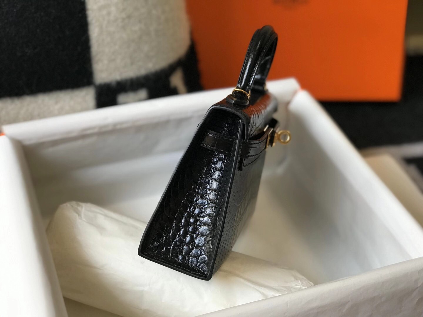 H**mes kelly mini ii bag in black embossed crocodile leather