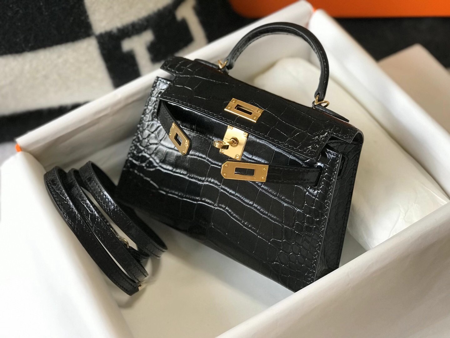 H**mes kelly mini ii bag in black embossed crocodile leather