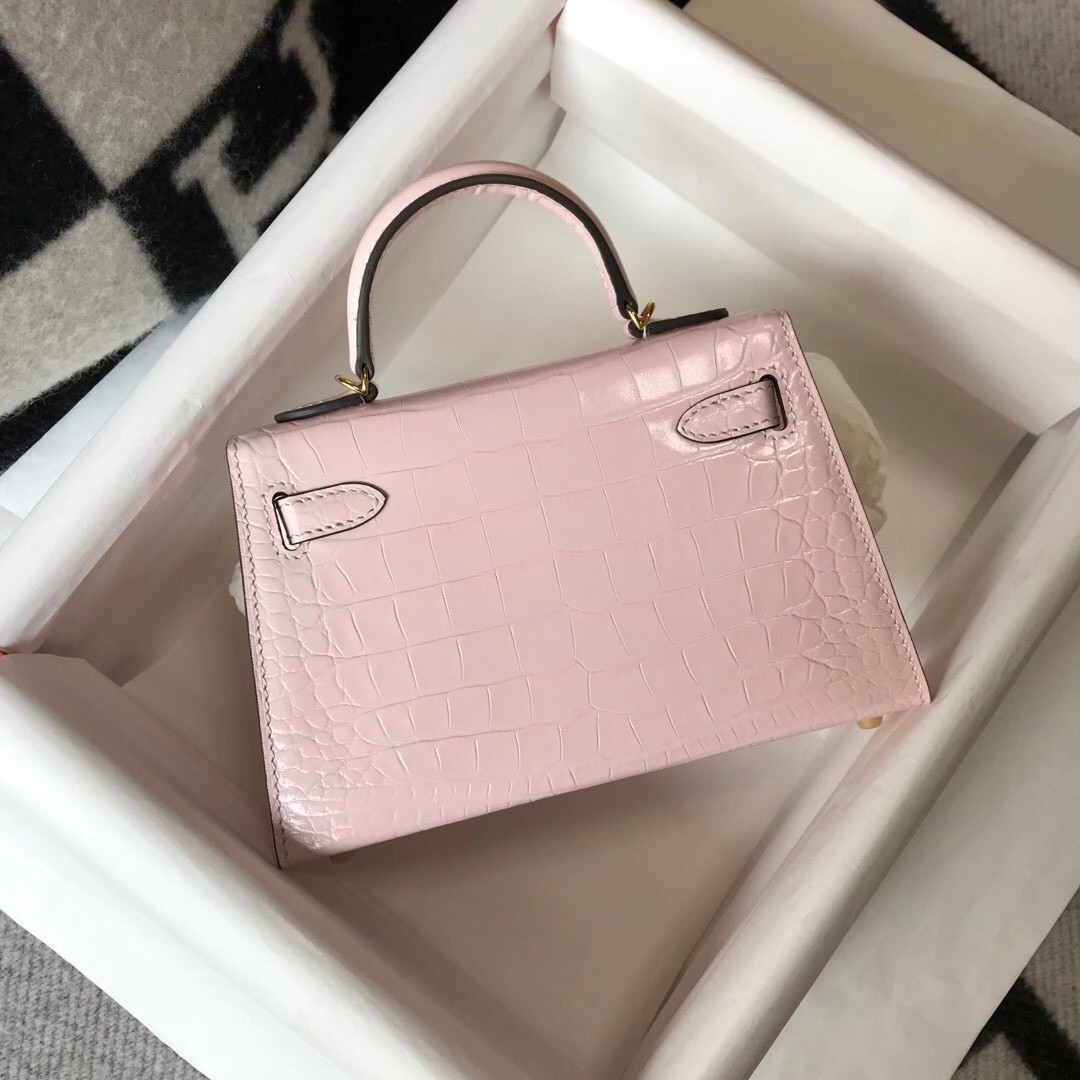 H**mes kelly mini ii bag in rose dragee embossed crocodile leather