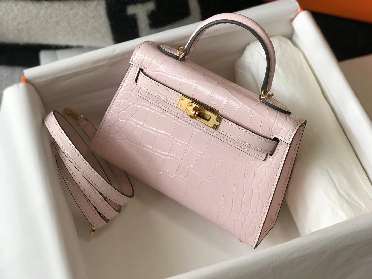 H**mes kelly mini ii bag in rose dragee embossed crocodile leather