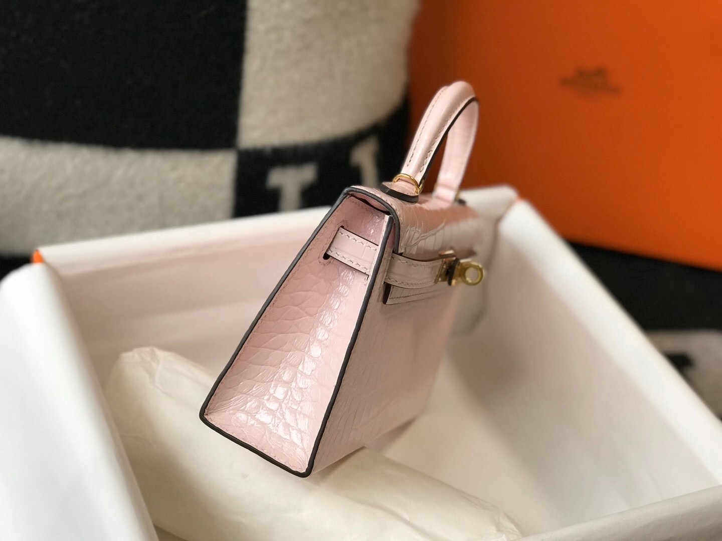 H**mes kelly mini ii bag in rose dragee embossed crocodile leather