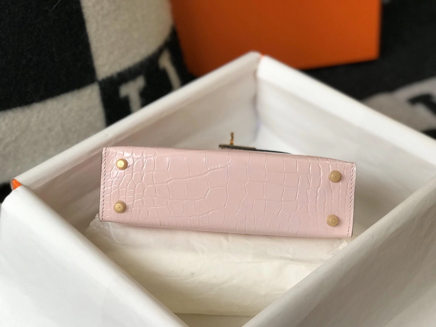 H**mes kelly mini ii bag in rose dragee embossed crocodile leather