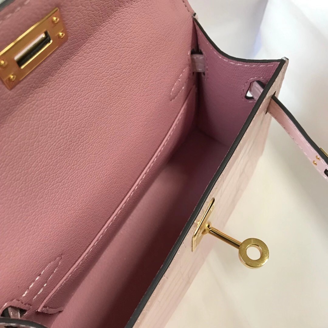 H**mes kelly mini ii bag in rose dragee embossed crocodile leather