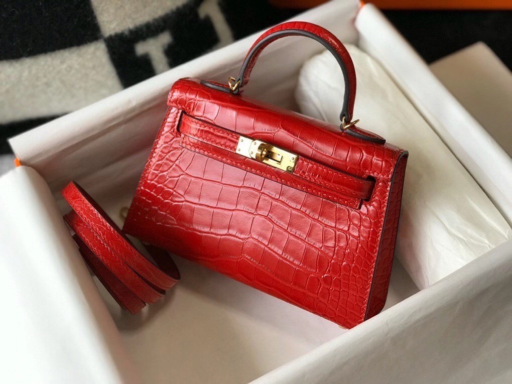 H**mes kelly mini ii bag in red embossed crocodile leather