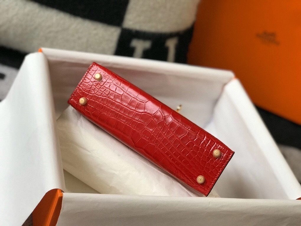 H**mes kelly mini ii bag in red embossed crocodile leather