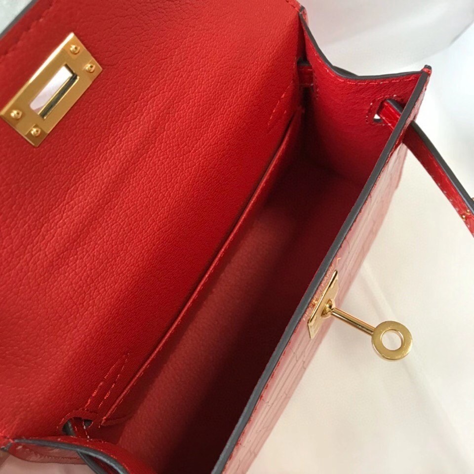 H**mes kelly mini ii bag in red embossed crocodile leather