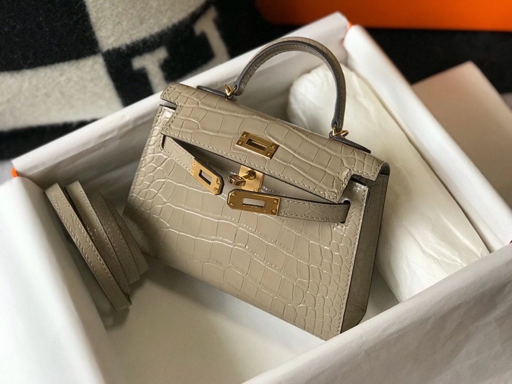 H**mes kelly mini ii bag in taupe embossed crocodile leather