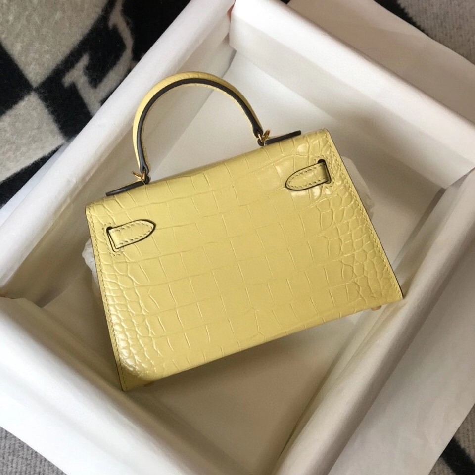 H**mes kelly mini ii bag in jaune poussin embossed crocodile leather