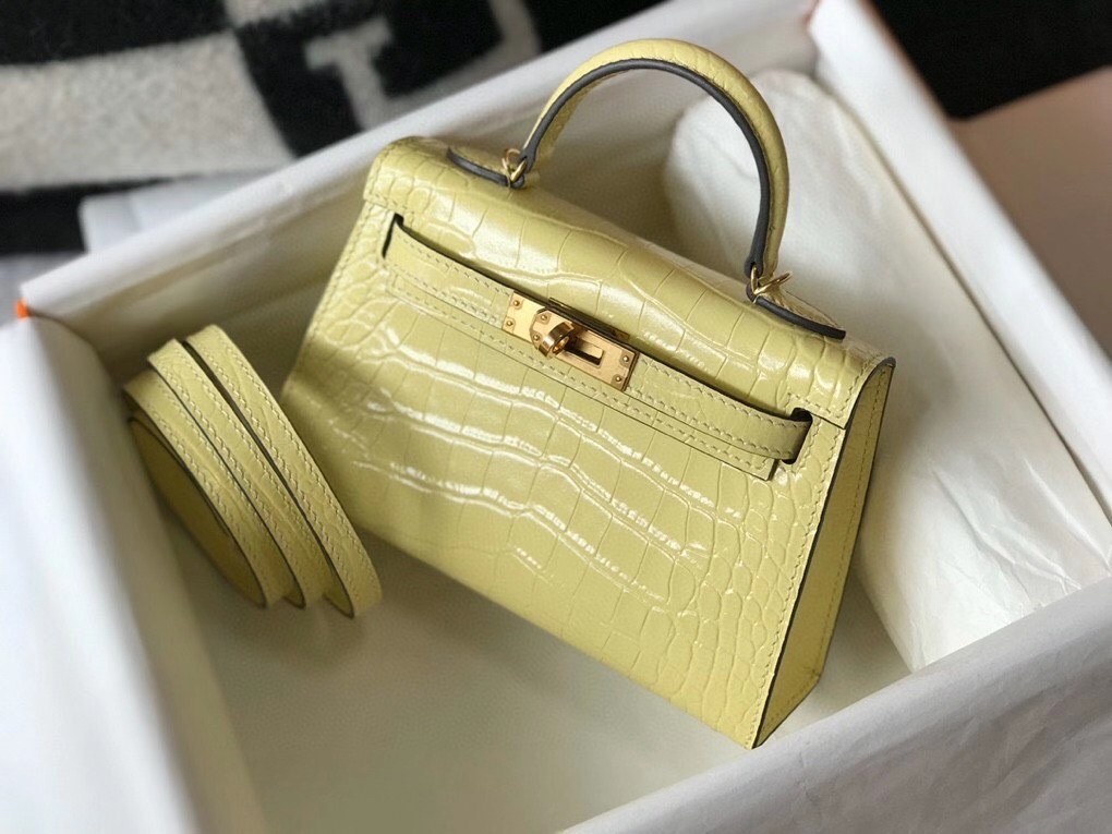 H**mes kelly mini ii bag in jaune poussin embossed crocodile leather