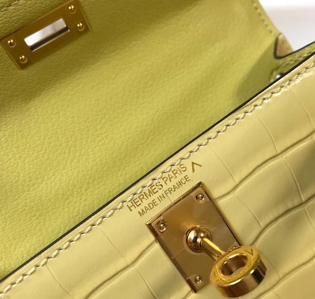 H**mes kelly mini ii bag in jaune poussin embossed crocodile leather