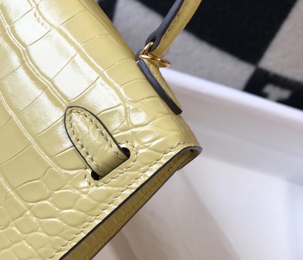 H**mes kelly mini ii bag in jaune poussin embossed crocodile leather