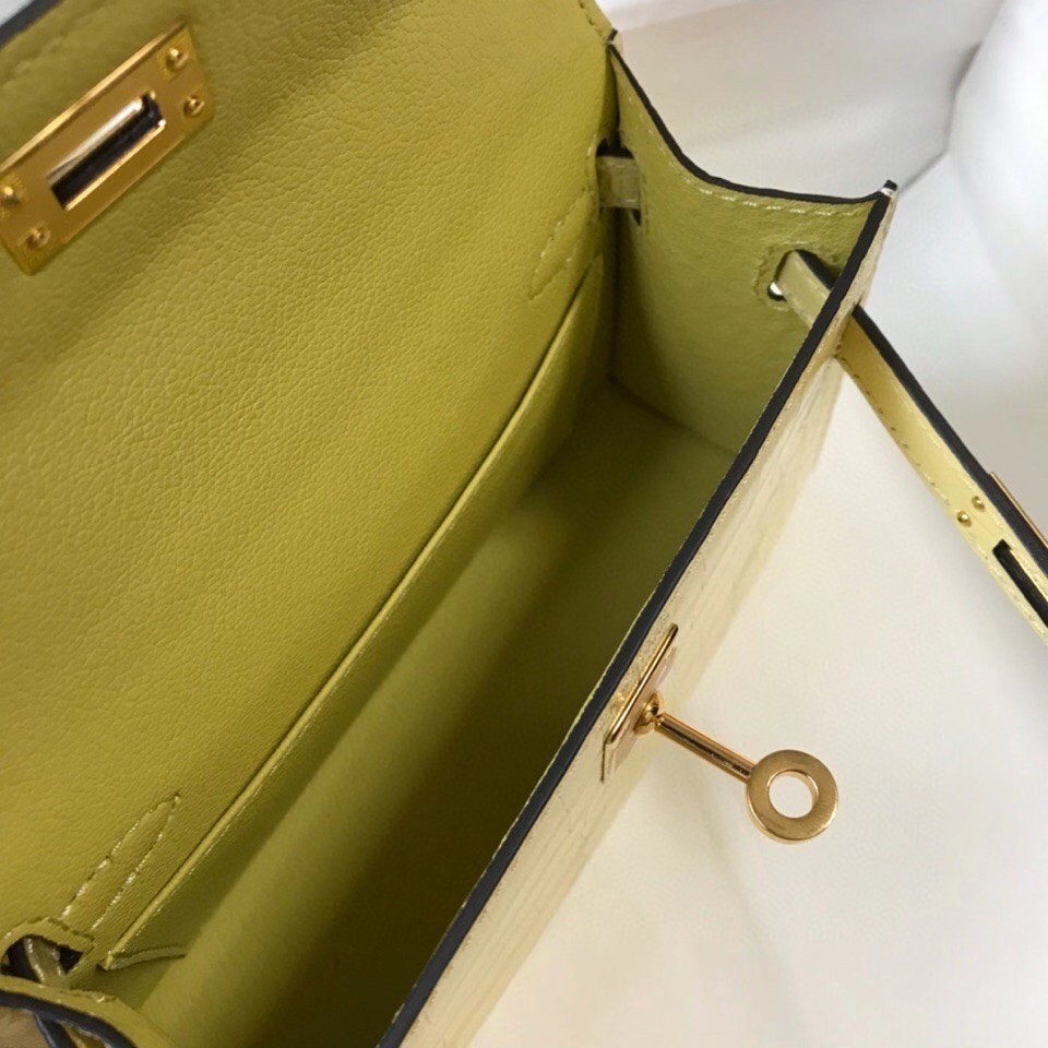 H**mes kelly mini ii bag in jaune poussin embossed crocodile leather