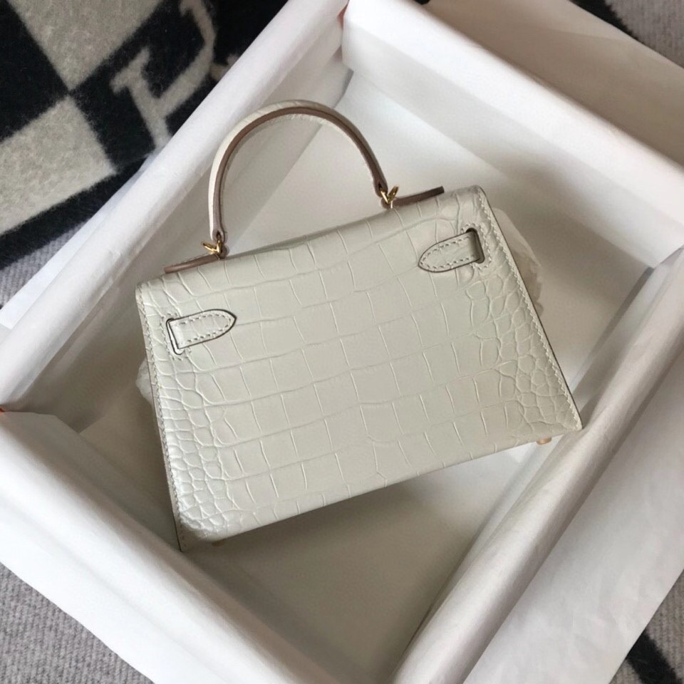 H**mes kelly mini ii bag in beton embossed crocodile leather