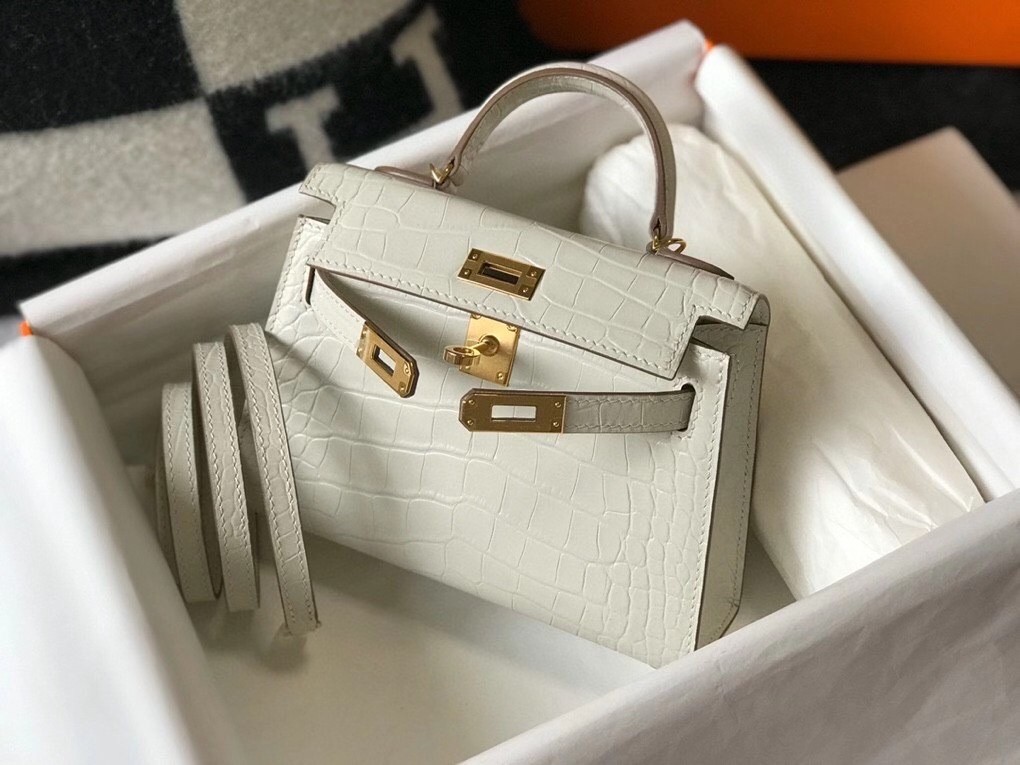 H**mes kelly mini ii bag in beton embossed crocodile leather