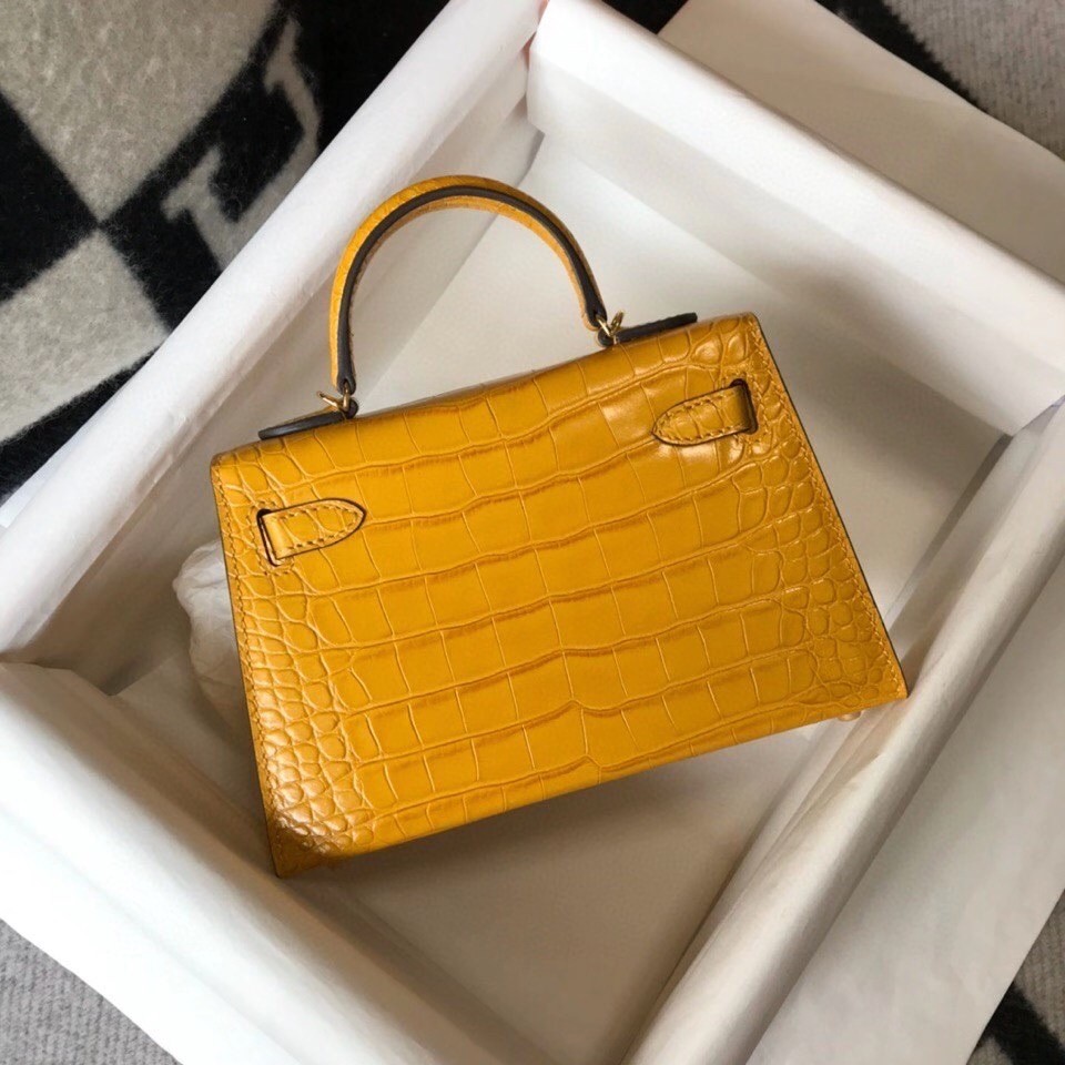 H**mes kelly mini ii bag in yellow embossed crocodile leather