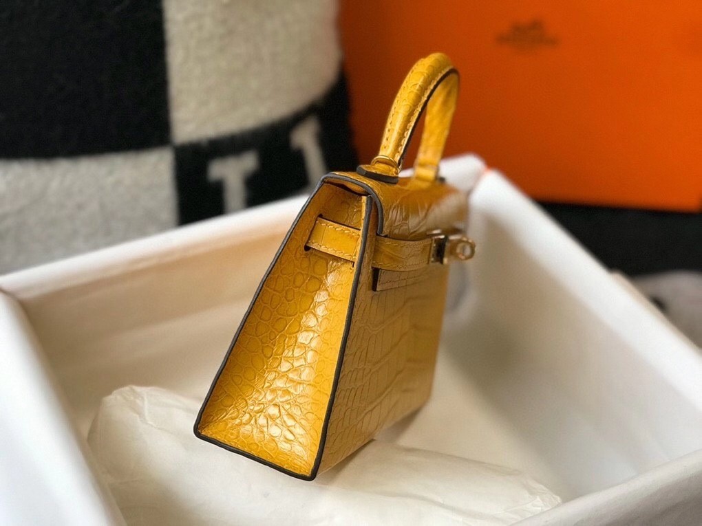 H**mes kelly mini ii bag in yellow embossed crocodile leather