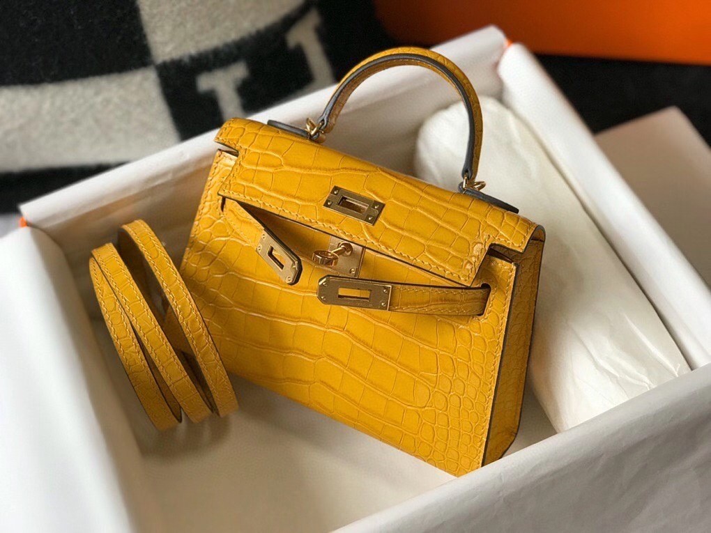 H**mes kelly mini ii bag in yellow embossed crocodile leather