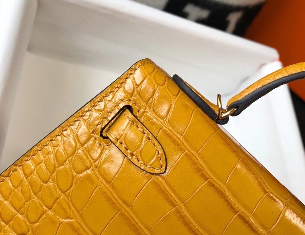H**mes kelly mini ii bag in yellow embossed crocodile leather