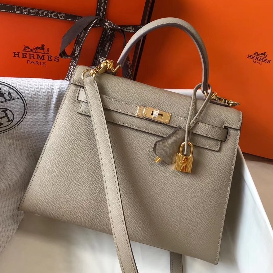 H**mes kelly 25cm sellier bag in tourterelle epsom leather