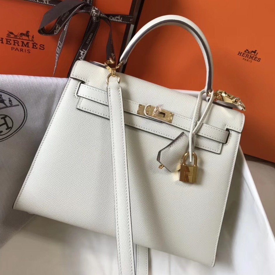 H**mes kelly 25cm sellier bag in white epsom leather