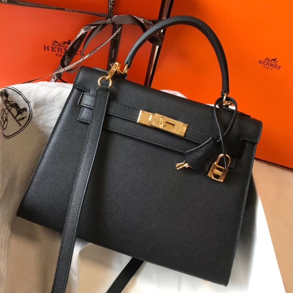 H**mes kelly 28cm sellier bag in black epsom leather