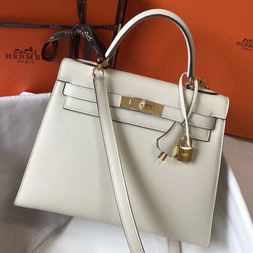 H**mes kelly 28cm sellier bag in white epsom leather
