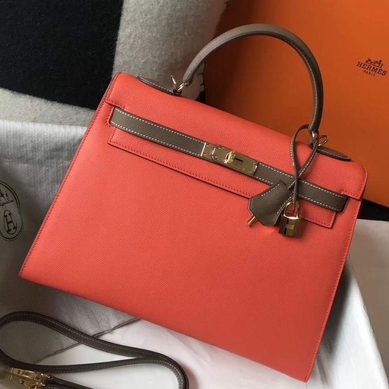 H**mes bi-color kelly 32cm epsom bag piment/taupe ghw