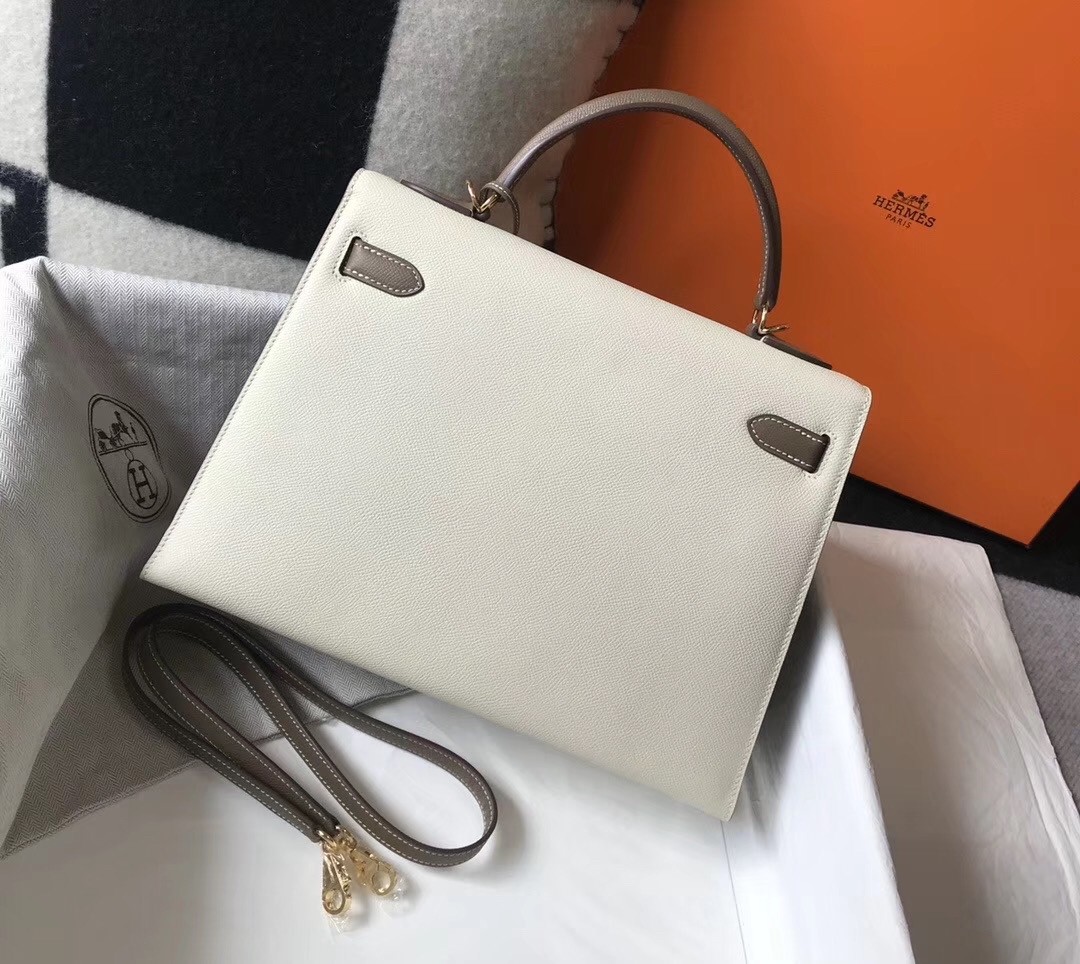 H**mes bi-color kelly 32cm epsom bag white/taupe ghw
