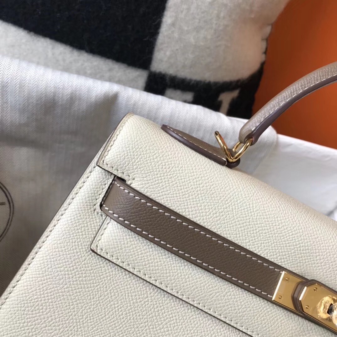 H**mes bi-color kelly 32cm epsom bag white/taupe ghw