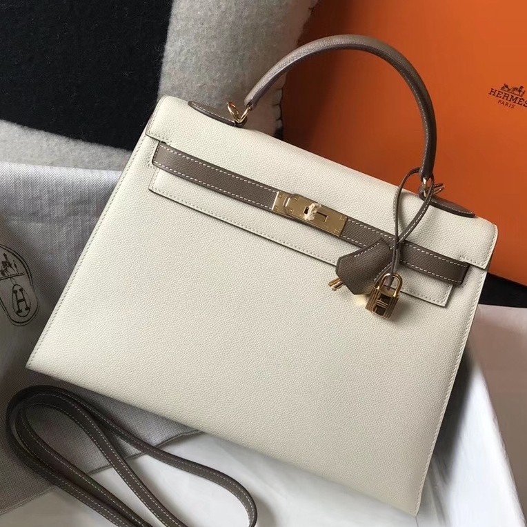 H**mes bi-color kelly 32cm epsom bag white/taupe ghw