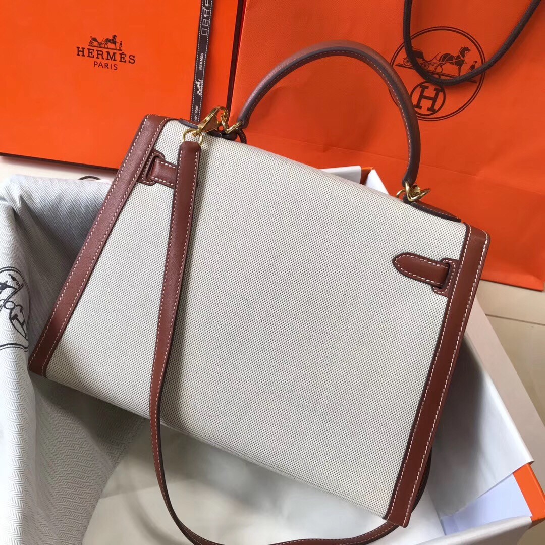 H**mes kelly 32cm sellier bag in canvas with barenia leather